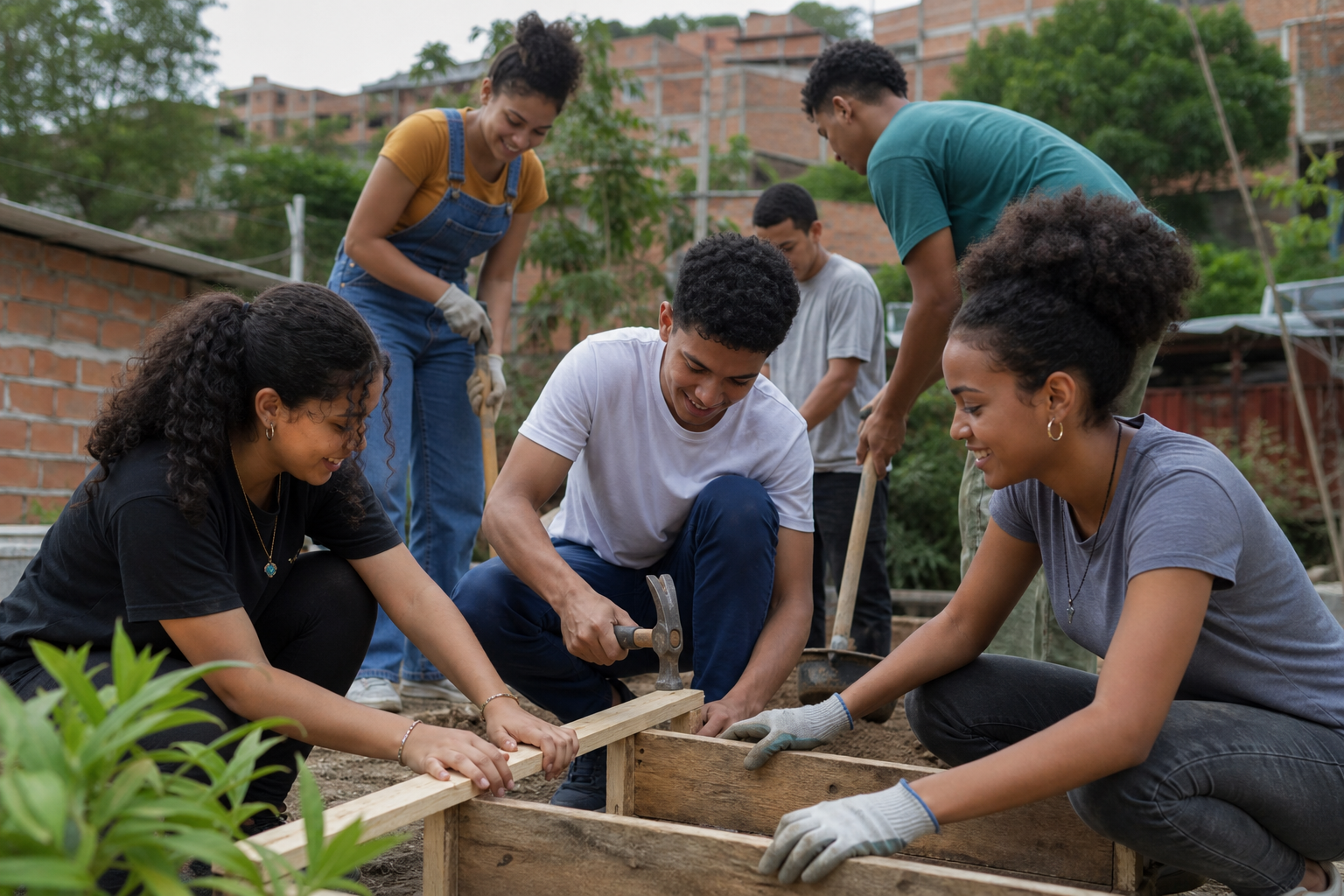 Jóvenes colombianos colaborando en proyecto comunitario